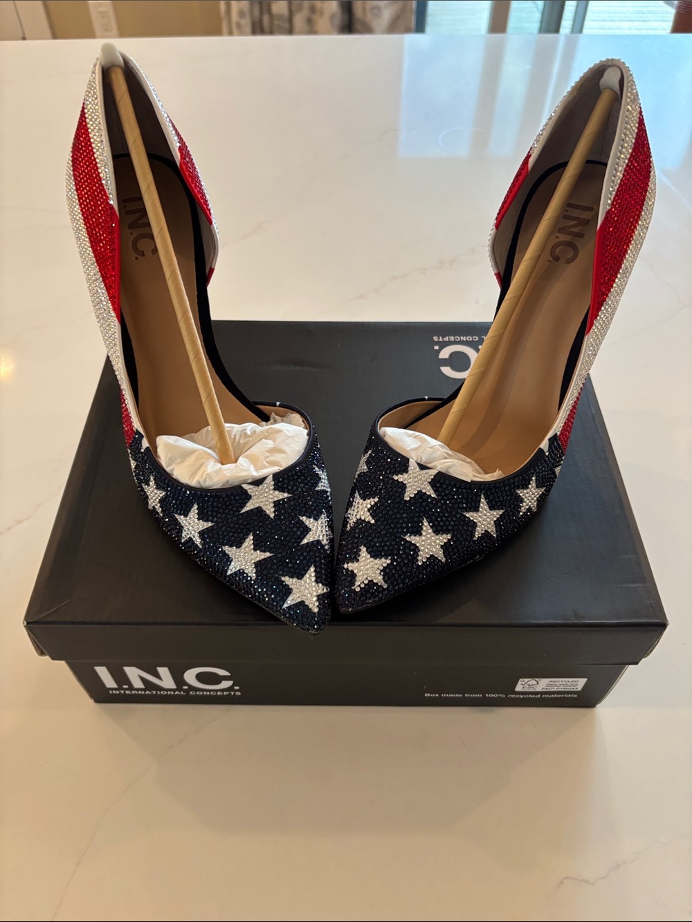 INC International Concepts Red White and Blue Rhinestone Star-Striped Pumps 250 - Picture 12 of 12